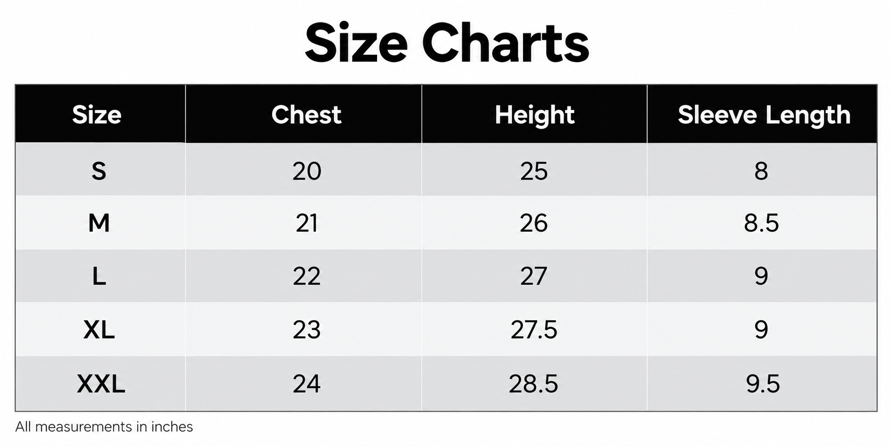Clothing size chart in inches. Sizes S to XXL with chest, height, and sleeve length measurements.